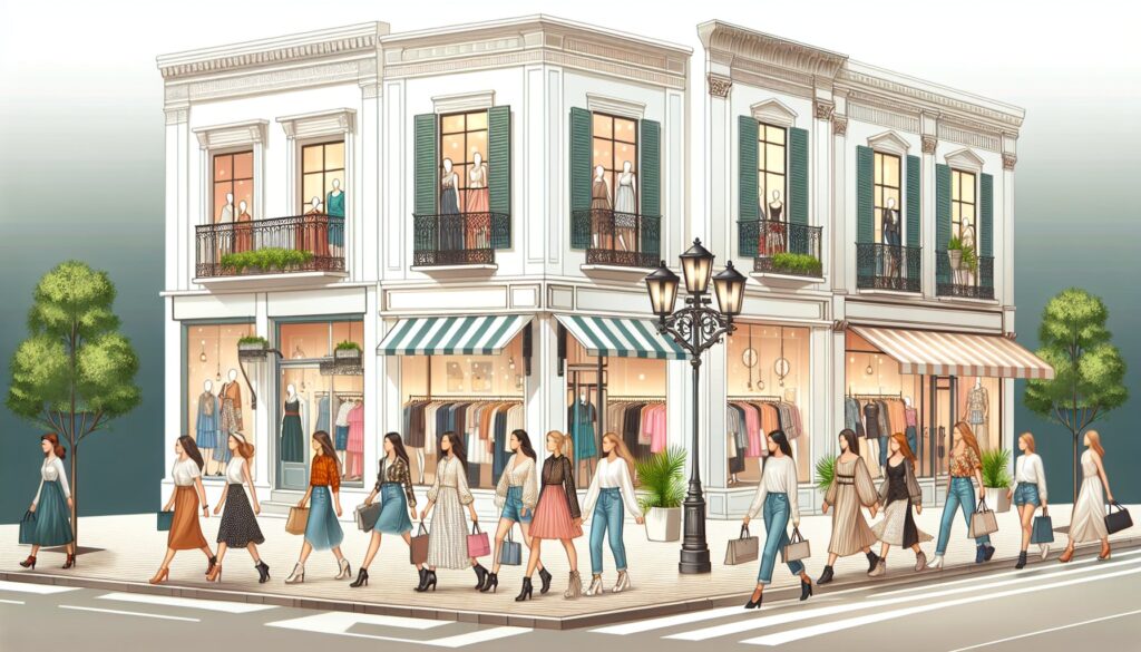 Fashion for women: The best clothing stores for women. For this image, visualize a variety of storefronts showcasing an array of stylish and trendy outfits for women. Include a mix of styles, from casual to formal wear. Each shop is individually decorated, adding charm and character to the shopping scene, respectively. Include a pedestrian area bustling with women of diverse descent and varying body types, each expressing their own individual style. Add a few palm trees lining the sidewalk, adding a touch of greenery to the urban landscape.