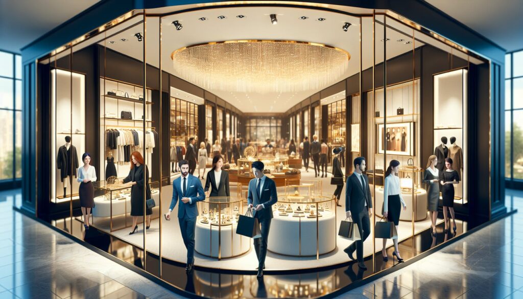 A visual representation of luxury retail, including high-end boutiques with polished glass windows displaying the latest fashionable clothing and accessories. Fine gold jewelry is on display at another shop, while the posh interiors of these stores are illuminated by chic lighting. Well-groomed sales associates of various descents and genders assist customers, presenting an image of sophistication and premium service. Shoppers of different genders and descents are browsing, some with shopping bags from other upscale stores. The scene emanates the essence of luxury and opulent shopping.