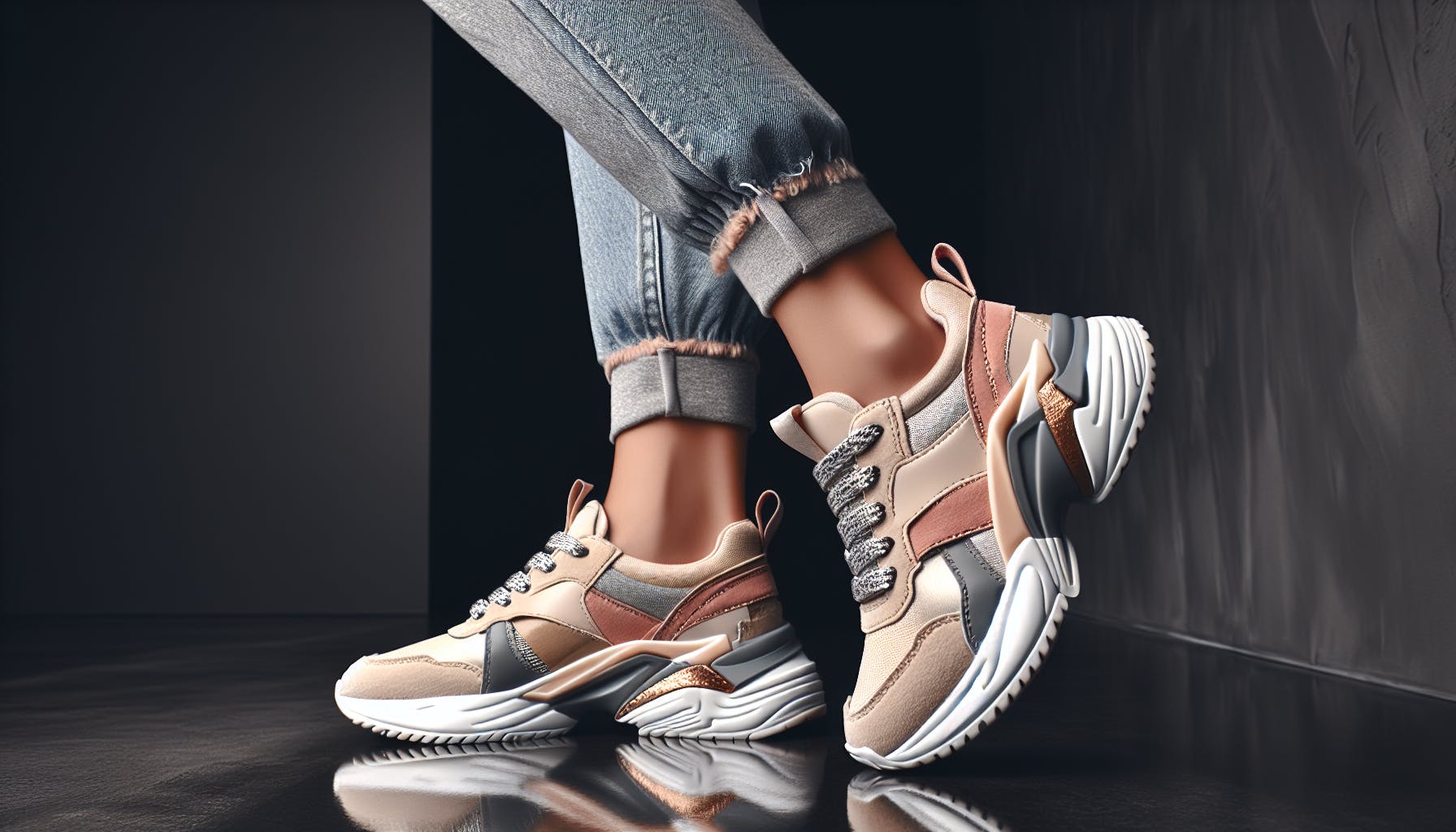 A pair of women's sneakers showcasing a combination of style and comfort in line with current fashion trends. The shoes are tastefully designed for everyday wear, with a balance of form and function. The materials are high quality and durable, indicating an appreciation for craftsmanship. The color palette is versatile, suitable for various outfits and occasions. The design elements reflect contemporary fashion influences, yet maintain a timeless appeal. The sneakers embody a blend of luxury and casual street style, further enhancing their fashion-forward appeal.