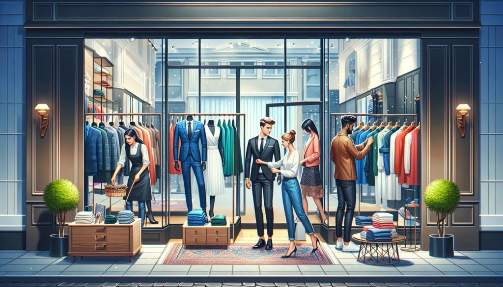 Fashion and Trends: Discovering the New Clothing Store. The scene showcases a window storefront with the latest designs displayed. Different types of clothes for men and women are hung neatly on display racks, from formal suits to casual weekend wear. A Caucasian saleswoman is tidying up a rack of colorful dresses, while a Black male customer seems to be picking out a well-fitted suit. Plush fitting rooms are towards the back of the store, with a Middle Eastern woman coming out from one, carrying a potential selection of clothes in her arms. The store has a welcoming, chic vibe.